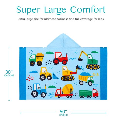 Joiedomi Hooded Towels for Kids Engineering Vehicle Print Soft 100% Cotton Kids Beach Towel 30" x 50" for 3-10 Years Boys Girls Beach Hooded Poncho Absorbent Pool Toddler Swim Bath Wrap