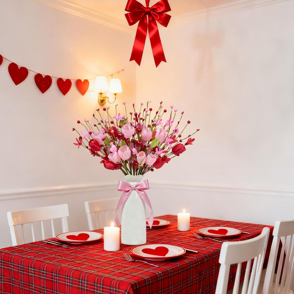 WSTPUPU Valentine's Day Gifts 12 Pack Artifcial Valentine Decorations 17 Inch Valentines Day Pink Picks with Red Tulip Pink Love Heart Berries for Valentine Wedding Anniversary Party Decor