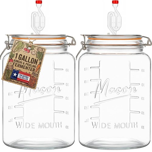 kitchentoolz 2-Pack 1-Gallon Mason Glass Fermenting Jars with Airlock Lids – Wide Mouth with Ounce & Milliliter Markings for Mead, Kombucha, Beer, Wine & Pickling