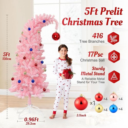 Hatisan 5FT Pink Christmas Tree - Artificial Design with Ball Ornaments & Metal Base for Holiday Decor