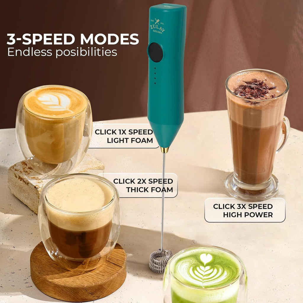 Zulay Kitchen Rechargeable Milk Frother - 3 Speeds & 3 Whisk Attachments - USB Charging for Latte & Cappuccino - Green Gold