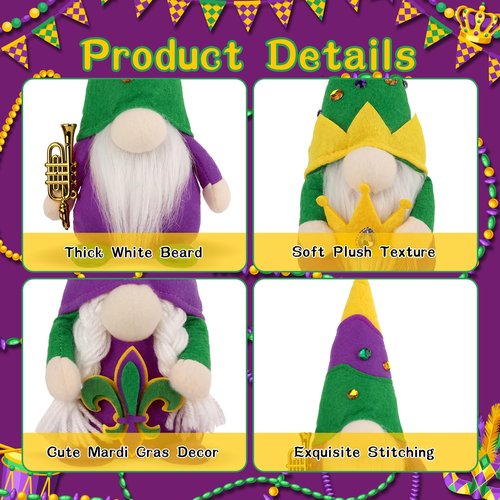 Aymolas Mardi Gras Gnomes Decorations - 3 Pack Gnomes Plush Handmade Scandinavian Tomte Gnome Decor for New Orleans Party Mantel Tiered Tray Table Decor Home Office Decorations