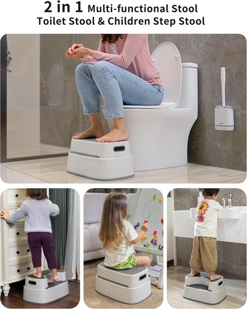 MR.SIGA Toilet Stool - Heavy Duty Anti-Slip Bathroom Step for Adults & Kids | Off-White & Dark Gray