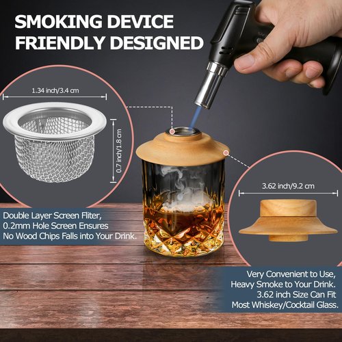 HMYBAR®26pcs Whiskey Smoker Kit with Torch | Cocktail Smoker Infuser Kit | Old Fashioned Drink Smoker Kit | Bourbon Whiskey Gift.Great Gift for Dad, Husband. Bamb Stand Natural Color. (No Butane)