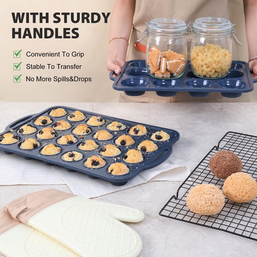 Vnray 2 Pack Silicone Muffin Pan 12 and 24 Cup with Metal Frame,Non Stick Silicone Mini Cupcake Pan with Handles, BPA Free Silicon Regular Muffin Tin Tray Small for baking, egg bites, Mold Grey