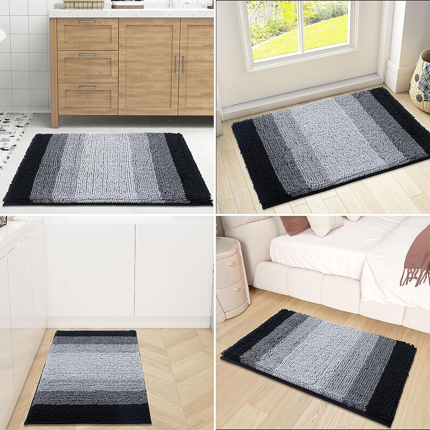 OLANLY Bathroom Rug - Extra Soft Chenille Shaggy Mat | Non-Slip, Machine Washable, 24 x 16 Inch, Black