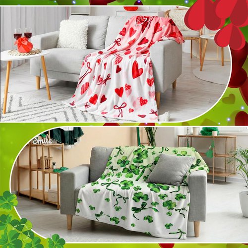 Breling Valentine's Day St. Patrick's Throw Flannel Blanket Double-Sided Printing Green Four-Leaf Clover Red Heart Throw Blanket with Holiday Themed Print for Gift Couch Sofa Bed Home Decor 60"x50"
