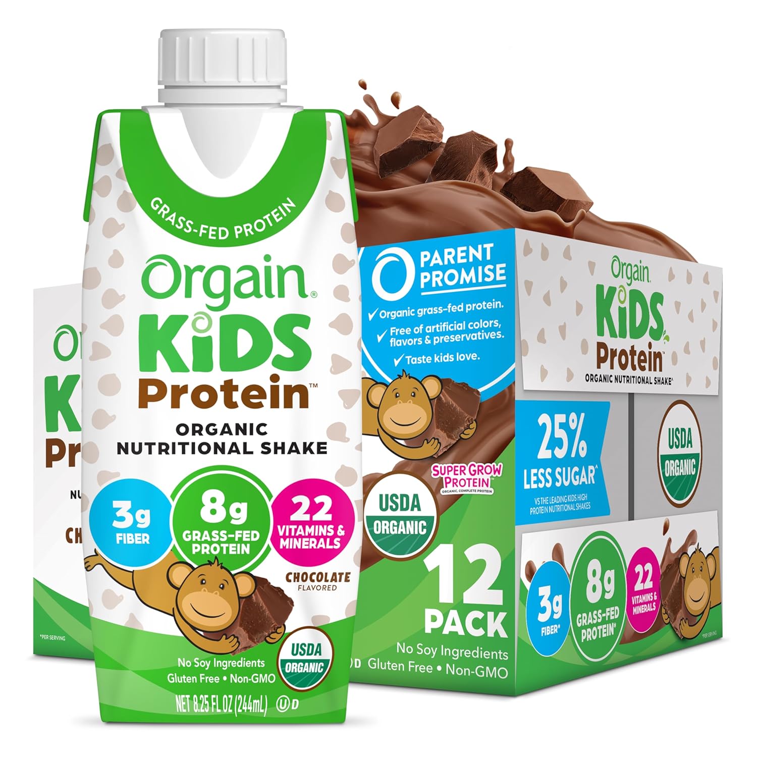 Orgain Organic Kids Protein Shake - Chocolate Flavor, 8g Dairy Protein, 22 Vitamins & Minerals | Gluten-Free, Non-GMO, 8.25 Fl Oz (Pack of 12)