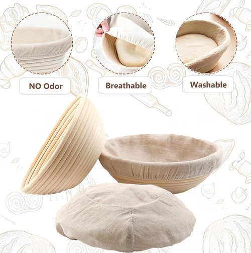 KOACKL Bread Proofing Basket Cloth Liners, 3 Pcs 10 inch Round Bread Proofing Cover, Reusable Sourdough Bread Baking Supplies-Proofing Linen Cloth for Fermented