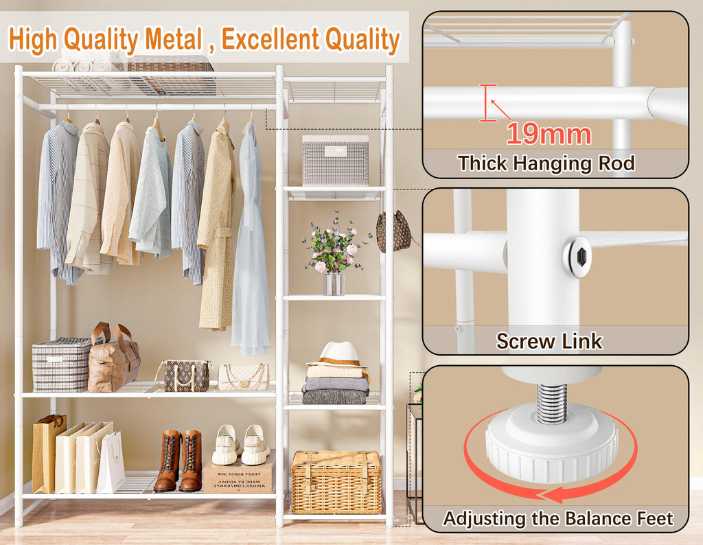 Wardrobe Closet,Portable Clothes Rack with 4 Tiers Shelves,Freestanding Closet Organizers and Storage System with Hanging Rods,Steel Clothing Rack Suitable for Cloakrooms,Bedrooms,Entrances,etc.White