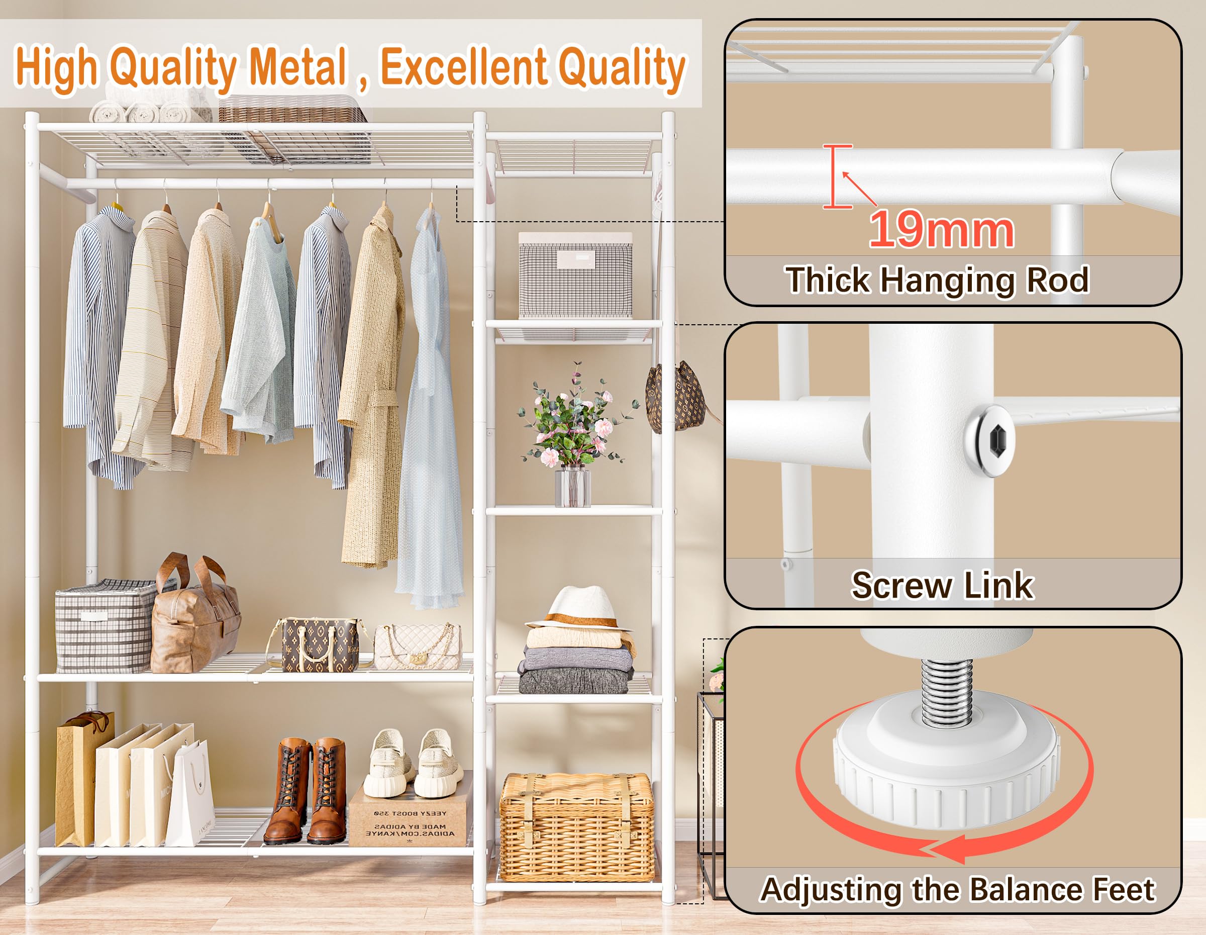 Wardrobe Closet,Portable Clothes Rack with 4 Tiers Shelves,Freestanding Closet Organizers and Storage System with Hanging Rods,Steel Clothing Rack Suitable for Cloakrooms,Bedrooms,Entrances,etc.White