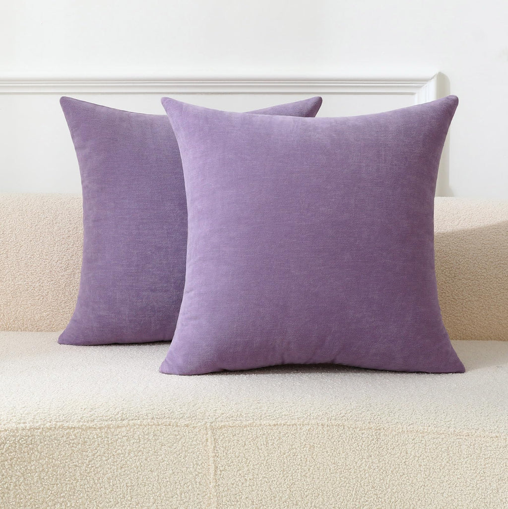 Qanatmz Lavender Cozy Soft Throw Pillow Covers, Light Purple Decorative Chenille Square Couch Cushion Cases for Sofa Decor, Set of 2, 18 x 18 Inches