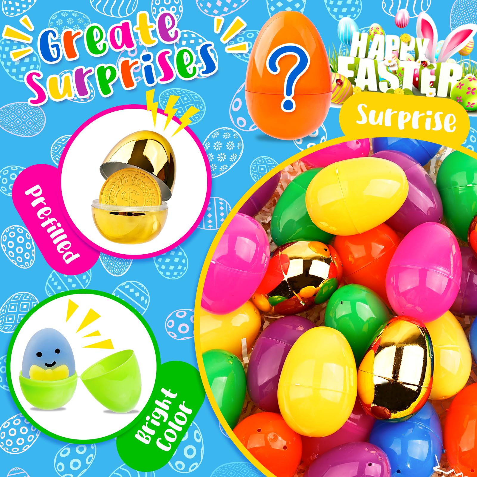 Adisher [ 6 Surprise Golden Eggs ] 100 PACK Prefilled Easter Egg Fillers, Easter Basket Stuffers 100 Plastic Eggs with Assorted Toys Party Favors Classroom Prizes Supplies for Kids Toddler Boys Girls
