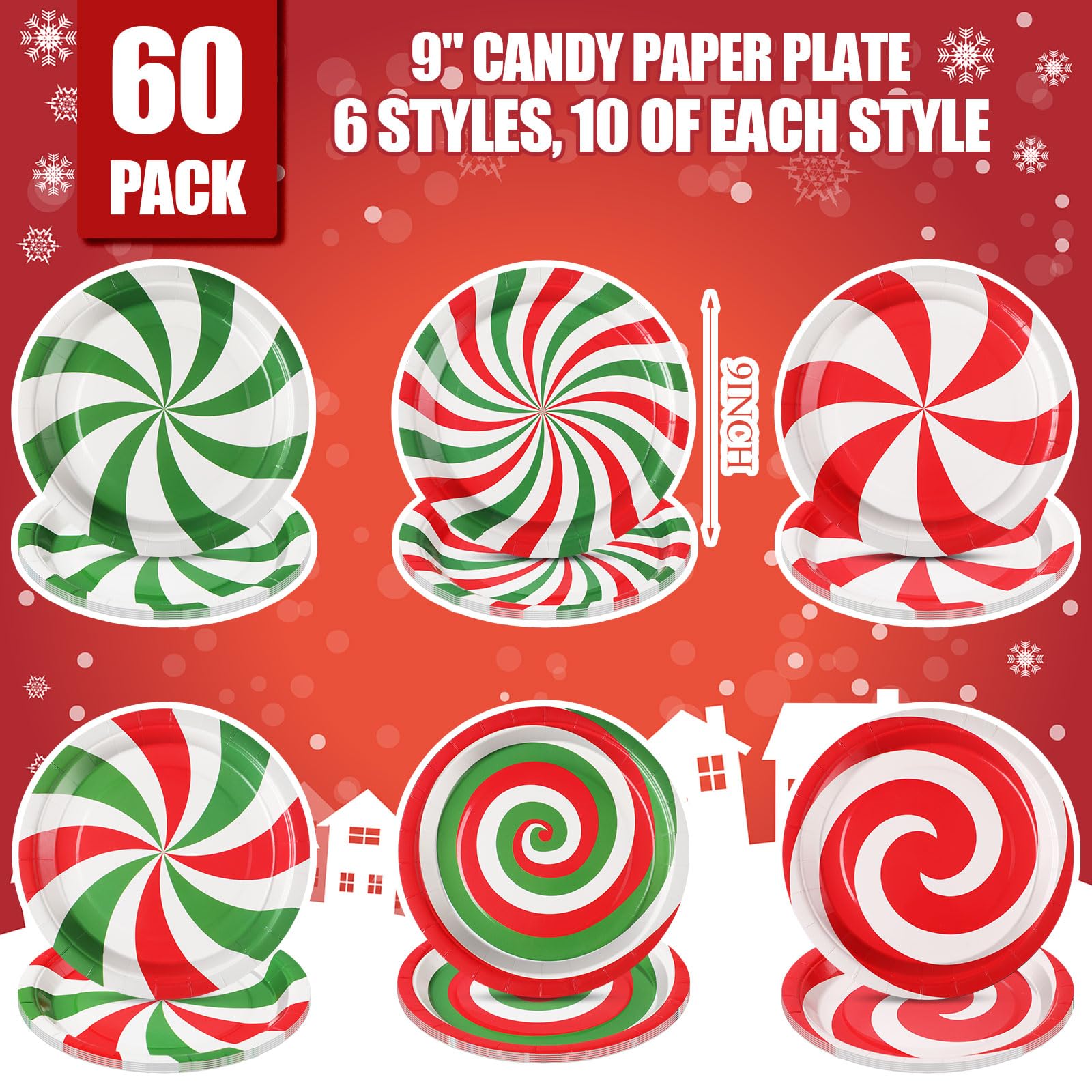 Umigy 60 Christmas Candy Paper Plates 9 Inch Christmas Red Green Disposable Plates Peppermint Cute Dessert Plates Tableware Xmas Dinner Plates Table Decorations for Holiday Birthday Party Supplies