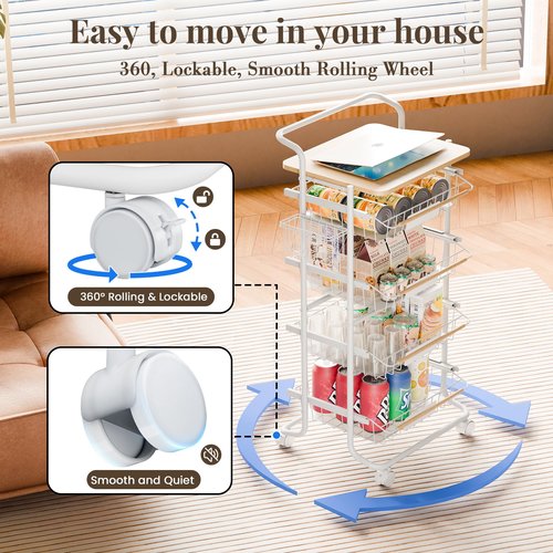 PantryNest Kitchen Organizer Cart with Wheels, 5 Tier Fruit and Vegetable Storage Basket, Rolling Storage Cart for Kitchen, Pantry, Bathroom, Upgraded Design with Slide-Out Shelves, White