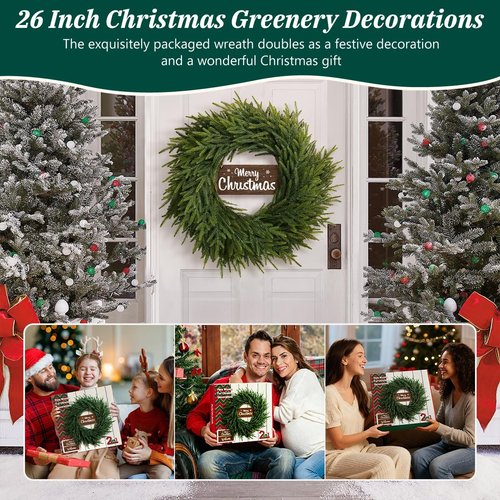 26 Inch Winter Wreaths for Front Door: Large Real Touch Norfolk Pine Wreath with Welcome Sign - Christmas Artificial Green Wreath for Farmhouse Porch Windows Wall Table Indoor Outdoor Home Decor