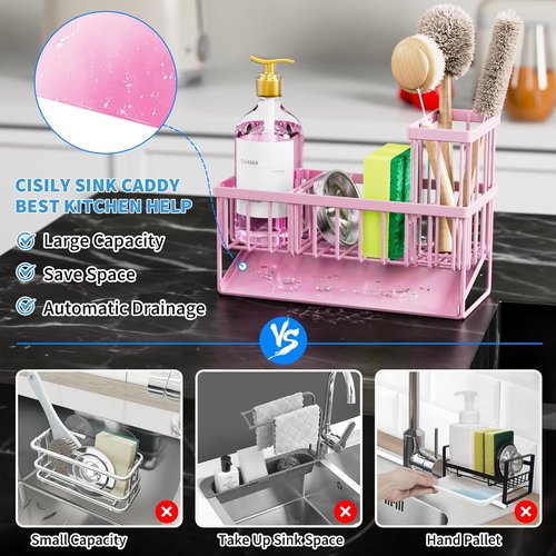 Cisily Kitchen Sink Caddy Organizer - Rustproof Stainless Steel with Brush & Sponge Holder | Pink