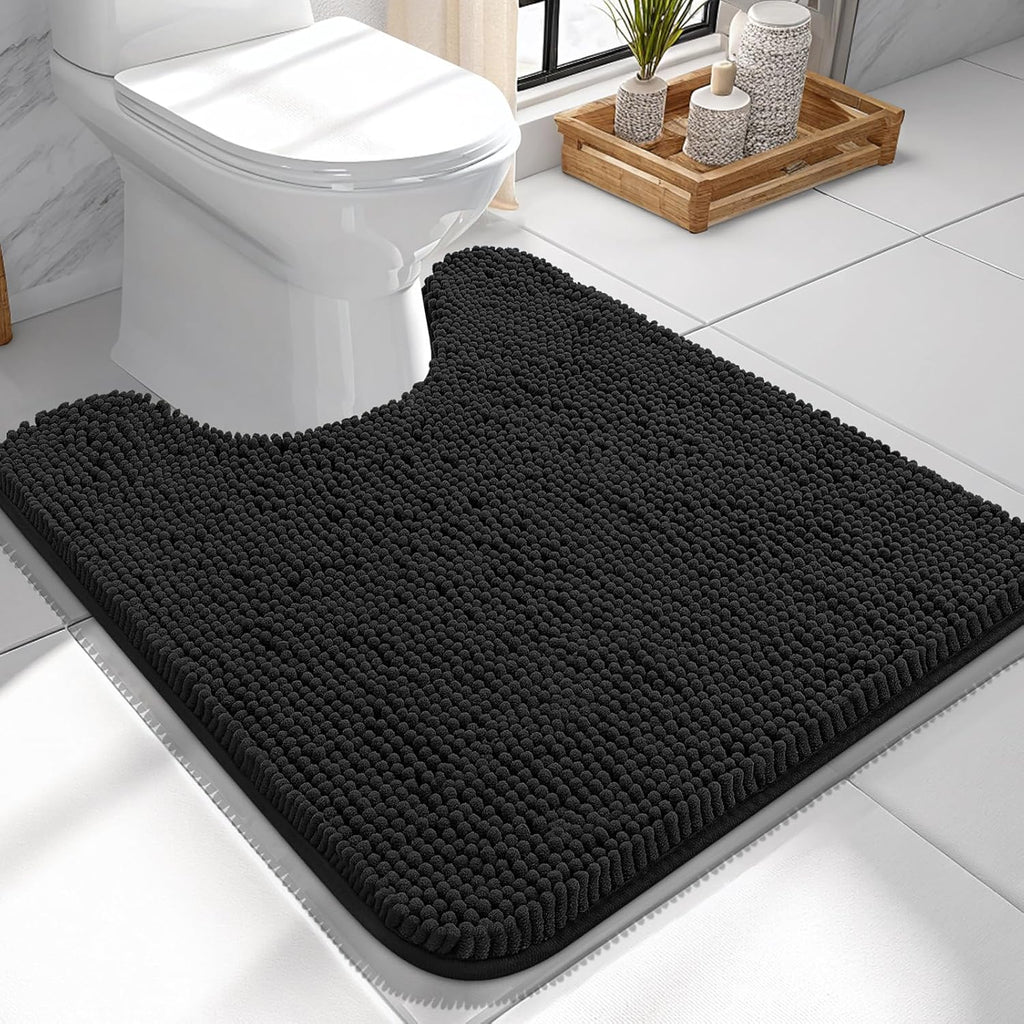OLANLY U-Shaped Toilet Rugs - Extra Soft, Absorbent Chenille Bathroom Mat | 24x24, Quick-Dry, Non-Slip, Black