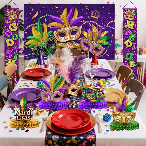 Mardi Gras Decorations Include Backdrop, Banner, Hanging Swirls, Porch Sign, Paper Pompoms, Honeycomb Centerpieces for Indoor/Outdoor Front Door Home Masquerade Party