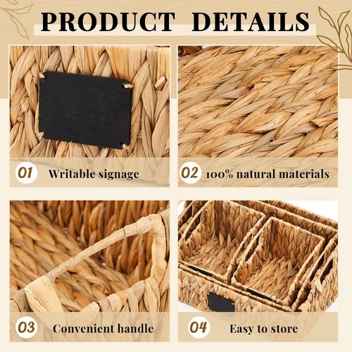 Wonderjune 4 Pcs Water Hyacinth Storage Basket Set Wicker Rattan Pantry Basket with Chalkboard Label Handles Woven Container Kitchen Laundry Large Small for Shelves Food Home Bathroom Decor