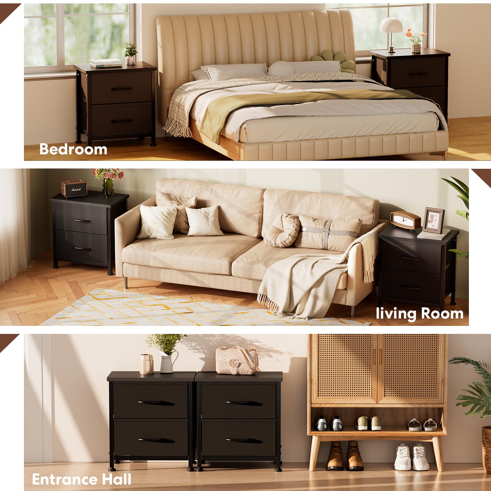 Simple Deluxe Nightstand 2 Drawers Dresser for Bedroom, 3-Tier Bedside Table with Fabric Bins, Night Stand Set 2, End Table for Living Room, Wood top Load-Bearing up to 44 lb, Black