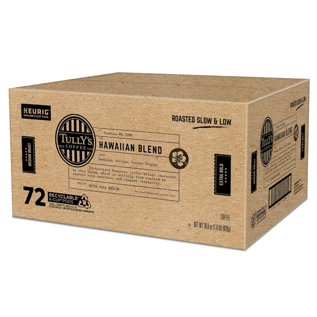 Tully's Coffee Hawaiian Blend K-Cup Pods - Medium Roast, 72 Count | Perfect for Keurig Brewers
