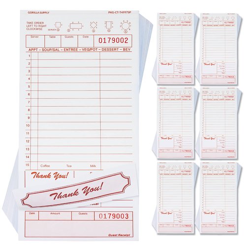 [1500] Gorilla Supply Guest Check 4.25" x 8.5" 2-Part Carbonless Perforated Loose Server Order Checks with 15 Lines, Tan, 1500 (6 Pack, 250 Sets/Pack)