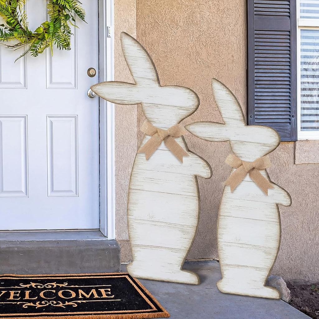 Yerliker Outdoor Easter Decorations - Rustic Wooden Bunny Signs for Porch | Large 31.6" & 27.56" Sizes