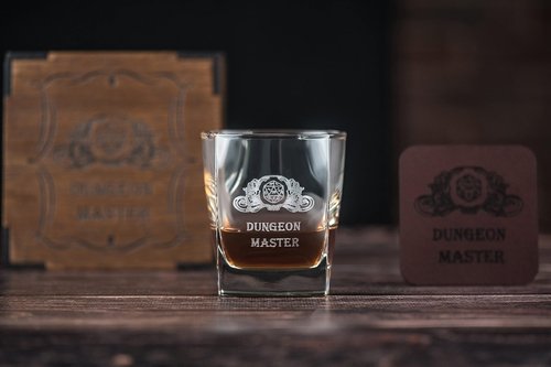 Dungeons Master gift, Whisky Glass with Gift wooden Box, full-grain leather coaster, dragons gifts for men and women unique. Dungeons whiskey glasses