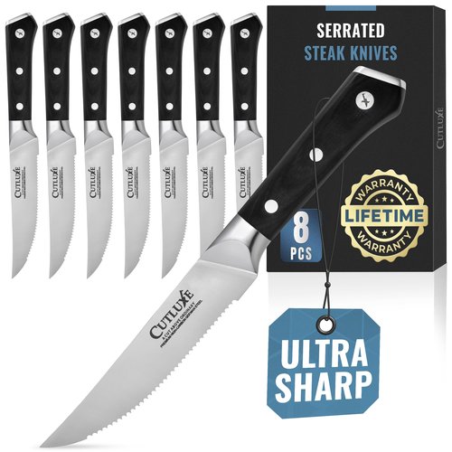 Cutluxe Steak Knives Set of 8, Serrated Steak Knives – Forged High Carbon German Steel, Full Tang, Ergonomic Handle Design – Artisan Series
