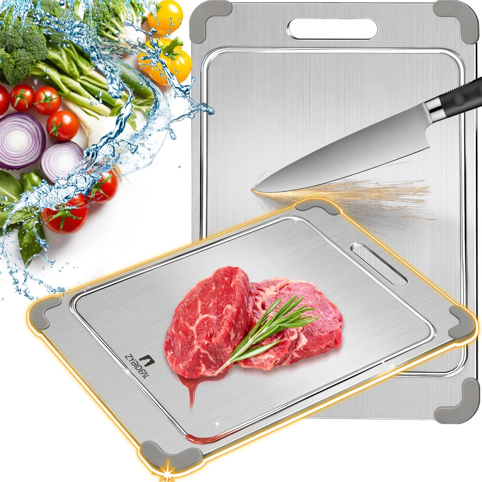 ZYBIDEAL 100% Pure Titanium Cutting Board with Grooves, Update Double Side Titanium Chopping Board, Silicone Anti-slip Stainless Cutting Boards for Kitchen 9 * 13 IN, Orange