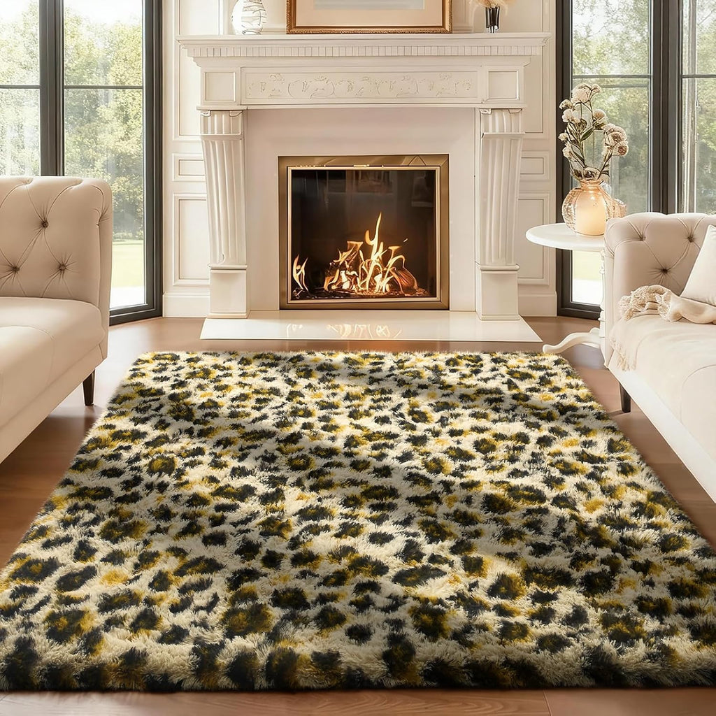 Ophanie Leopard Print 4x6 Area Rug - Fluffy Shag Soft Plush Carpet for Bedroom & Nursery Decor