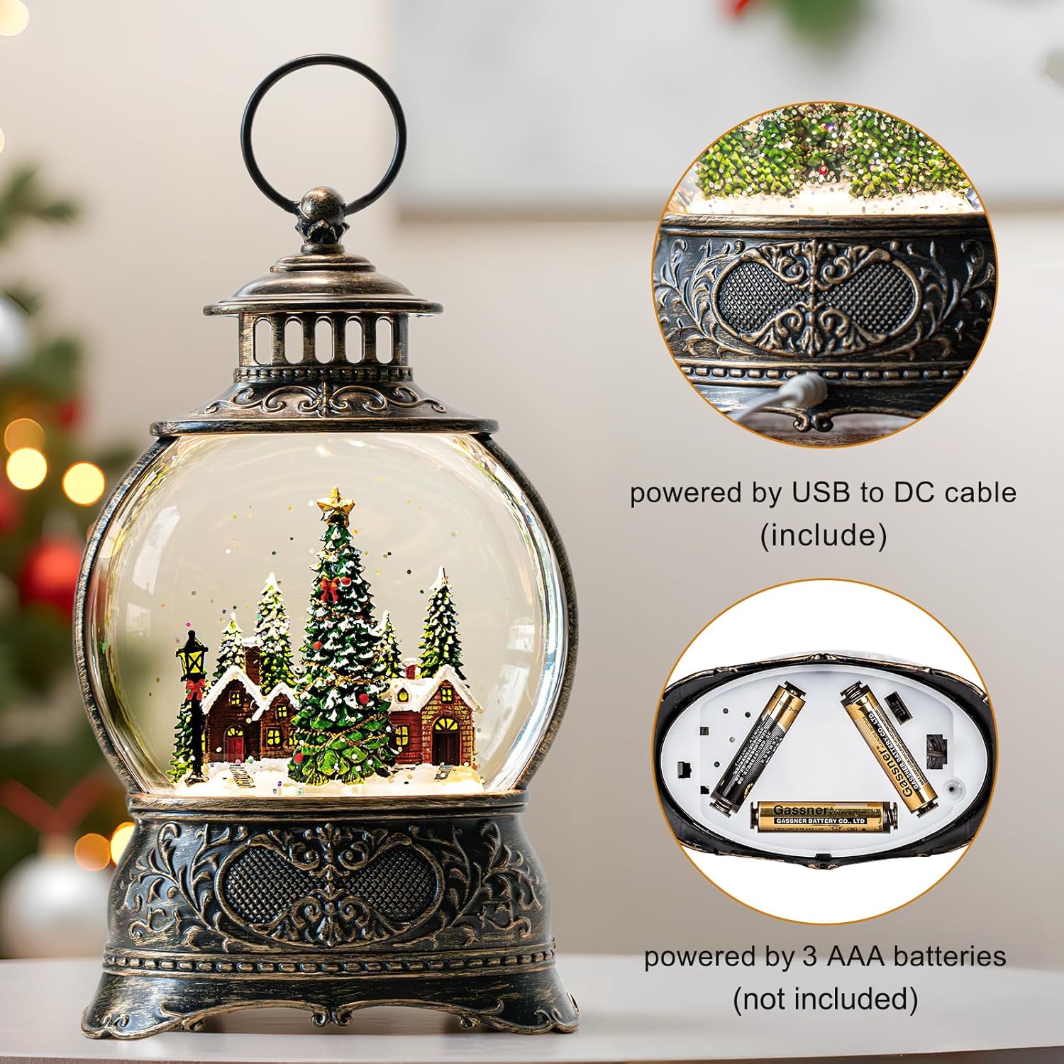 Regine Switzerland Christmas Snow Globe Lantern - Musical Lighted Decoration with Timer & USB/Battery Operated