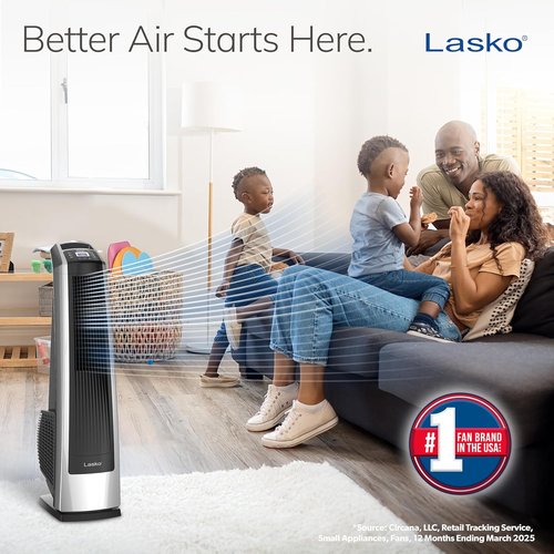 Lasko High Velocity Oscillating Tower Fan - Remote Control, Timer, 3 Speed Settings | 35" Silver/Black
