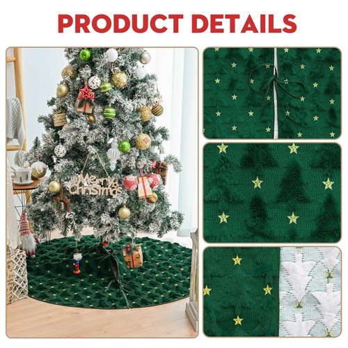 AVOIN colorlife Soft Plush Faux Fur Christmas Tree Skirt 36 Inch, Jacquard Green Xmas Star Pine Trees Winter Holiday Mat Decoration