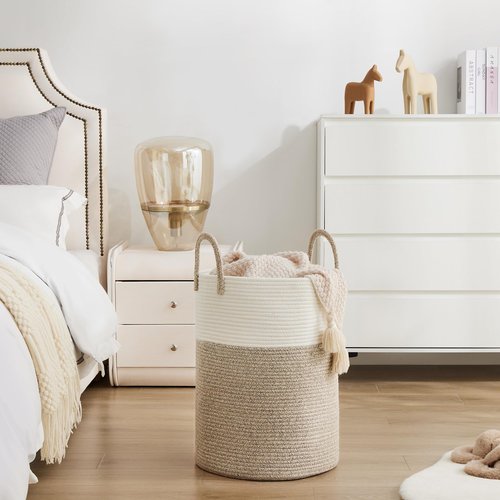 Cotton Rope Laundry Basket by YOUDENOVA, 58L Woven Collapsible Laundry Hamper, Clothes Hamper with Reinforced Handles in the Laundry Room, Bedroom, Bathroom, Brown