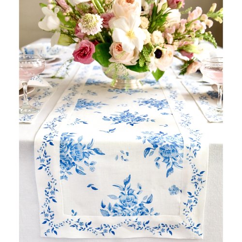 Solino Home Blue Floral Print Table Runner 60 inch - 100% Pure Linen Table Runner 14 x 60 Inch for Winter, Spring, Easter - Handcrafted and Machine Washable - Jolie Fleur Print