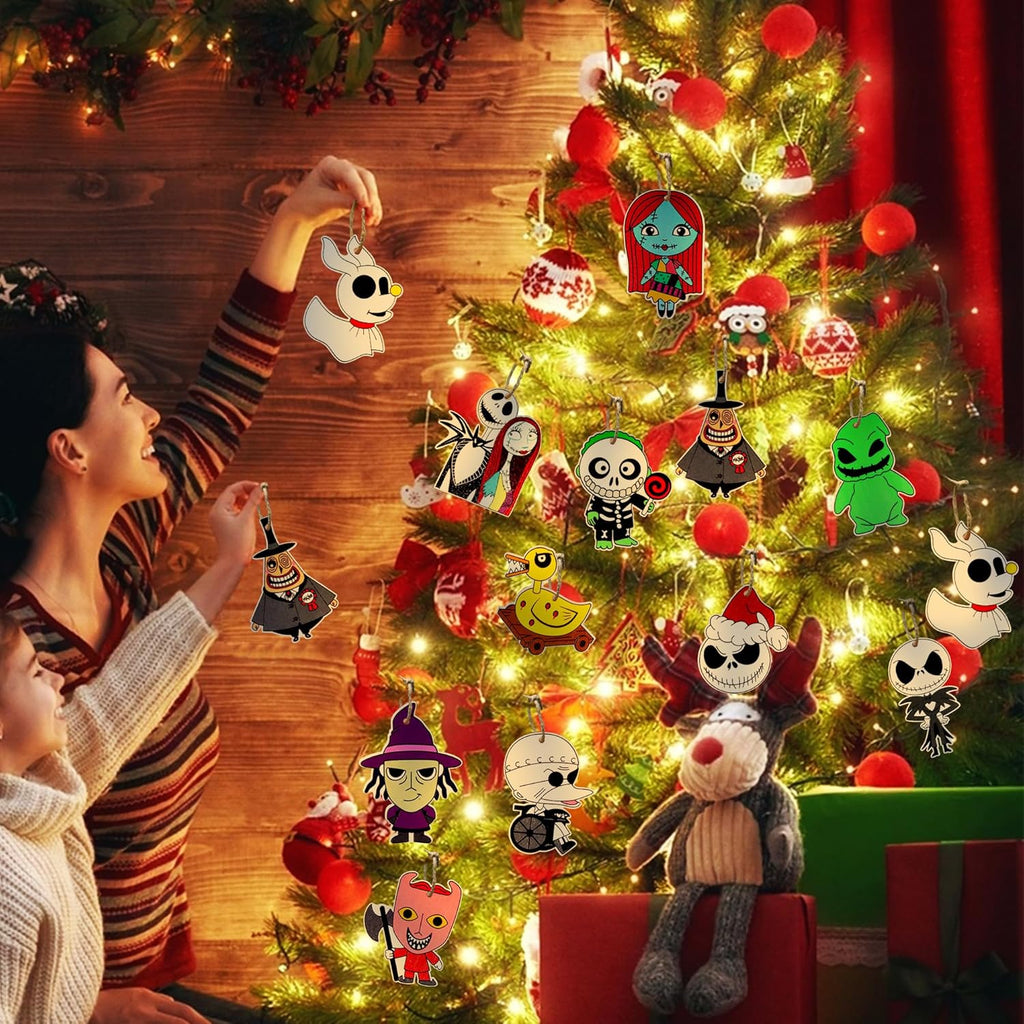 Skiennix 36 PCS Halloween & Christmas Nightmare Ornaments - Wooden Hanging Decor for Home & Parties