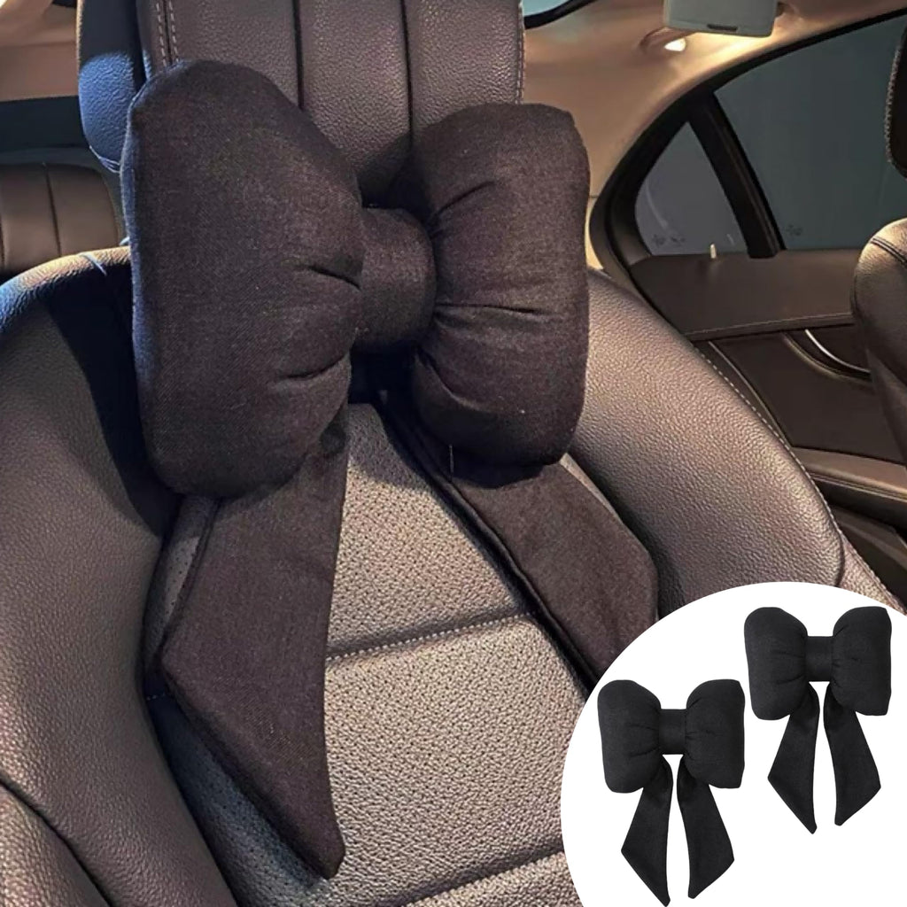 UINSUE 2PCS Chic Car Headrests with Bow-Shaped Cotton Linen Bowknot Neck Pillows for Cozy Road Trip & Cute Interior Decoration (Black)