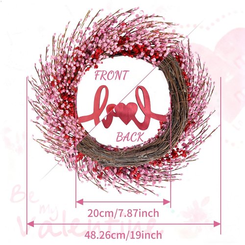 NAHUAA Pink Valentine Wreaths 20 Inch Berry Valentines Day Wreath Pink Wreaths for Front Door Heart Wreath with Sign Love for Spring Table Window Wedding Decor