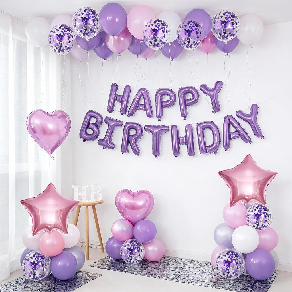 Regine Switzerland Pink Purple Birthday Decorations - Happy Birthday Balloon Banner & Confetti Balloons for Girls & Kids