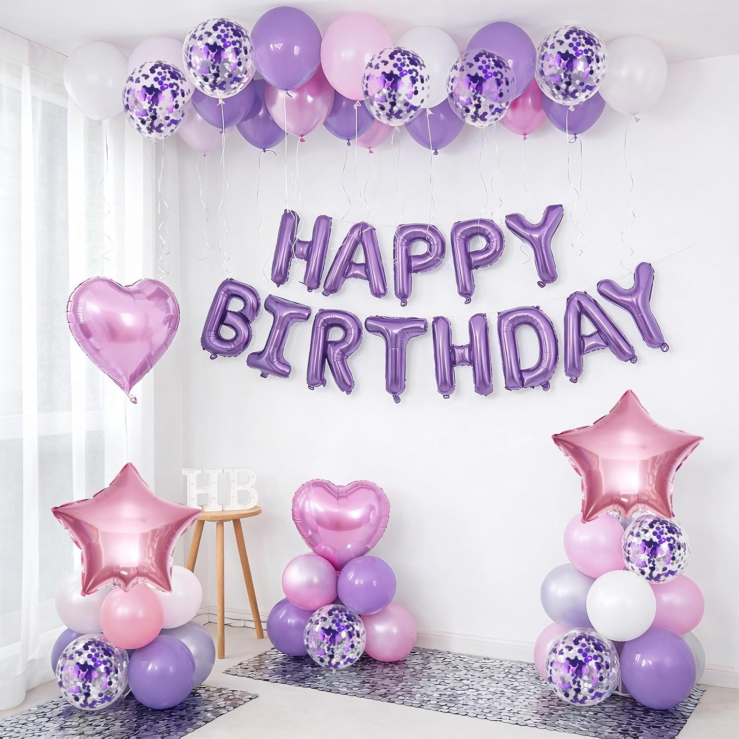 Regine Switzerland Pink Purple Birthday Decorations - Happy Birthday Balloon Banner & Confetti Balloons for Girls & Kids