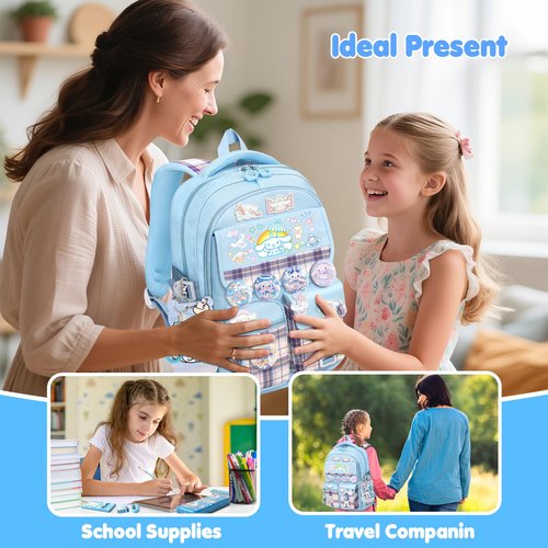 KIEAL 16.5/19IN School Backpack for Girls with 24Pcs Accessories, Anti-Theft Kids Backpack for Students, New Semester Presents with Pins and Card Holder