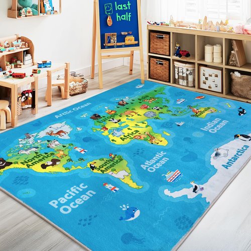 OHDS Kids Playroom Rug, 4x5ft World Map Play Mat with Cute Animals, Washable Durable Soft Carpet Kid Educational Rugs for Boys Girls Bedroom Nursery Classroom