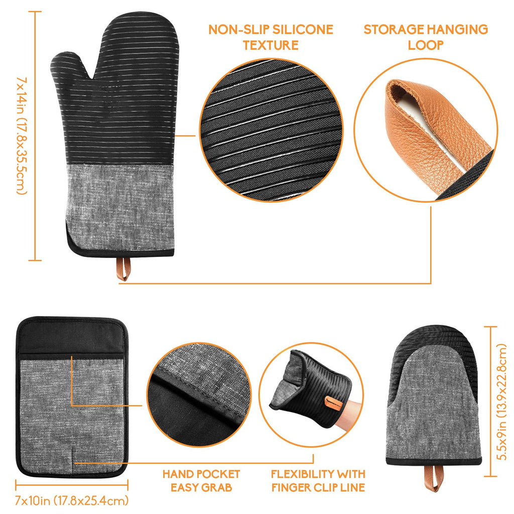 TIPTAP 4PCS Oven Mitts Set，Non-Slip Cotton Oven Mitt and Pot Holders – Heat Resistant, Durable，Machine Washable，1 Long Mit, 2 Mini Oven Mitts and 1 Pot Holder (Blue)