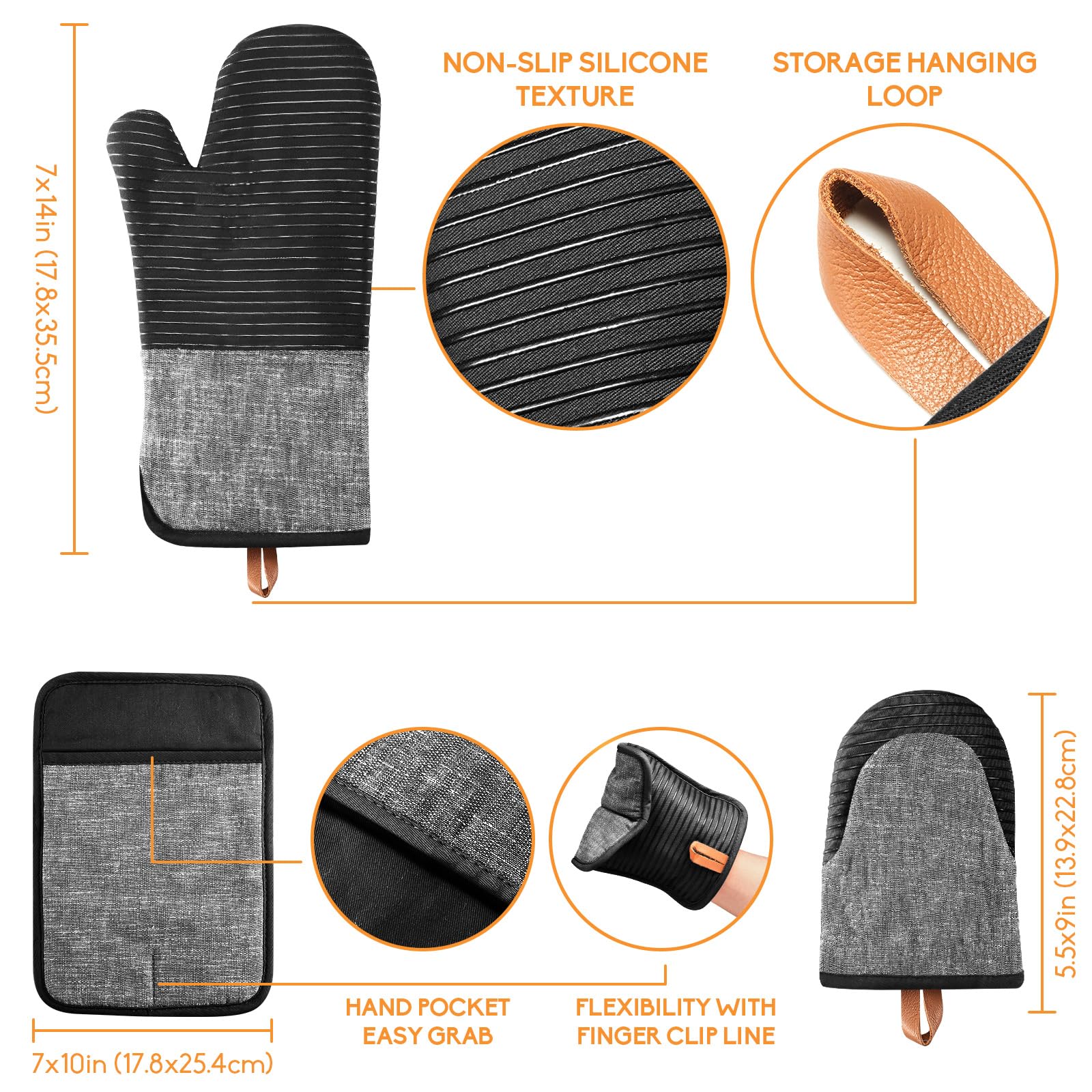 TIPTAP 4PCS Oven Mitts Set，Non-Slip Cotton Oven Mitt and Pot Holders – Heat Resistant, Durable，Machine Washable，1 Long Mit, 2 Mini Oven Mitts and 1 Pot Holder (Blue)