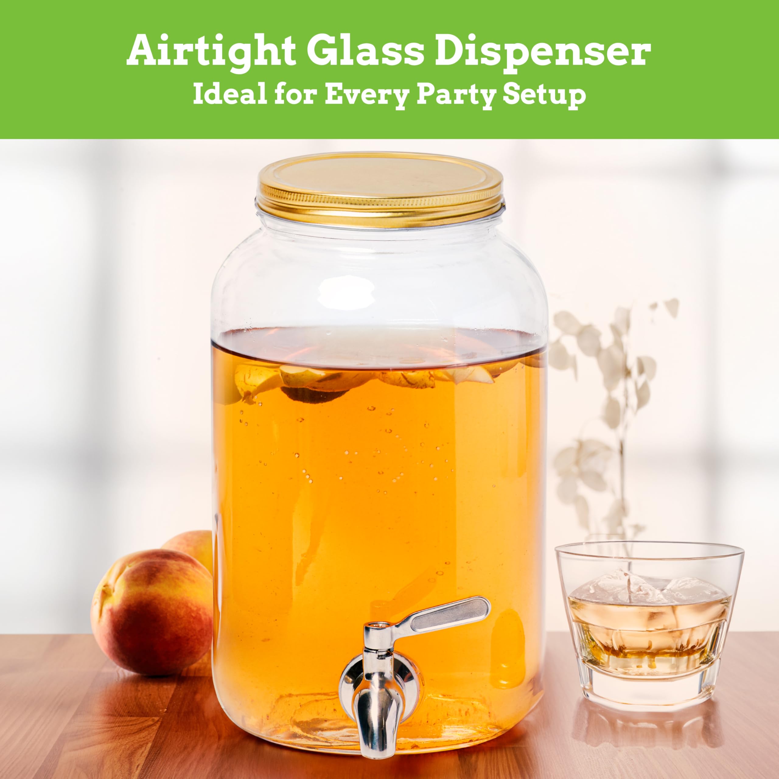 1 Gallon Kombucha Glass Beverage Dispenser with Spigot - Wide-Mouth - Glass Drink Dispenser Parties & Home Use and Lid for Juice, Wine, and Cold Drinks - Punch Dispenser - 10"x6"x6"