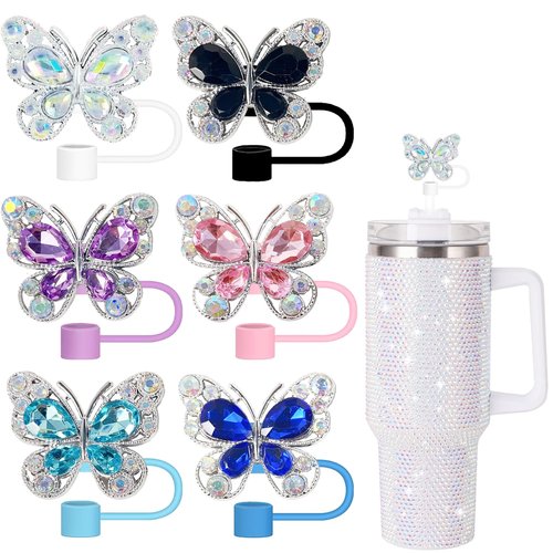 6Pcs Shiny Straw Toppers, Colorful Diamond Butterfly Straw Covers Cap Compatible with Stanley Cups 30&40 Oz Tumbler with Handle, 10mm/4inches Reusable Silicone Bling Stanley Cup Accessories