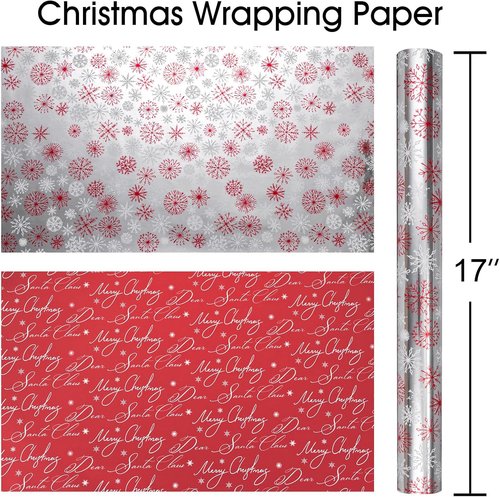 MAYPLUSS Christmas Wrapping Paper Roll - 17" x 33ft - Reversible Red & White Snowflakes for Holiday Gifts