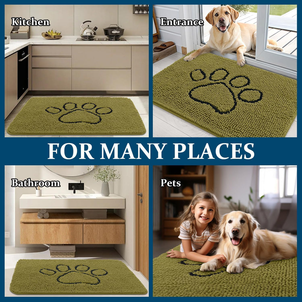 OLANLY Dog Door Mat - Absorbent Muddy Paws Doormat | Non-Slip Chenille, 30x20, Willow Green